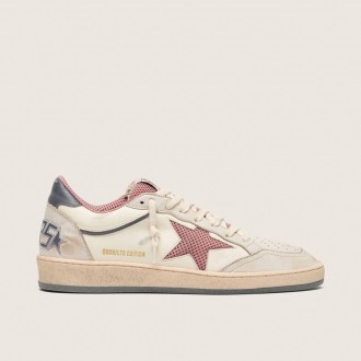 Golden Goose Ball Star Ltd In Beige Leather With Pink Mesh Star And Blue Leather Heel Tab