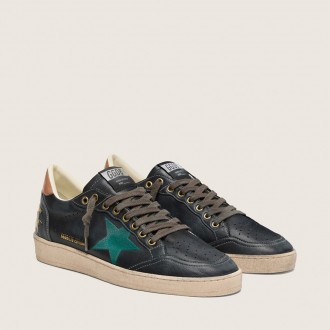 Golden Goose Ball Star Ltd In Black Leather With Green Embroidered Star Golden Goose Ball Star Ltd In Black Leather With Green Embroidered Star