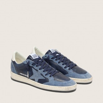 Golden Goose Ball Star Ltd In Dark Blue Leather With Light Blue Swarovski Crystal Star And Suede Inserts