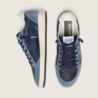 Golden Goose Ball Star Ltd In Dark Blue Leather With Light Blue Swarovski Crystal Star And Suede Inserts