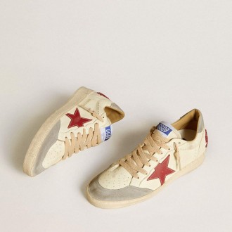 Golden Goose Ball Star Ltd In Nappa Leather With Red Leather Star And Gray Suede Heel Tab