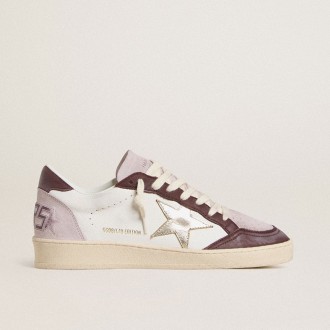 Golden Goose Ball Star Ltd In Nappa With Platinum Foiled Leather Star And Burgundy Nubuck Leather Heel Tab