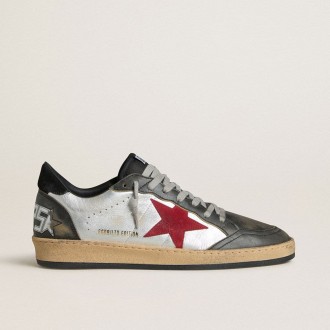 Golden Goose Ball Star Ltd In Silver Laminated Leather With Red Suede Star And Black Inserts