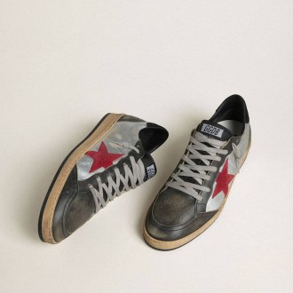 Golden Goose Ball Star Ltd In Silver Laminated Leather With Red Suede Star And Black Inserts
