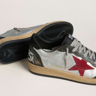 Golden Goose Ball Star Ltd In Silver Laminated Leather With Red Suede Star And Black Inserts