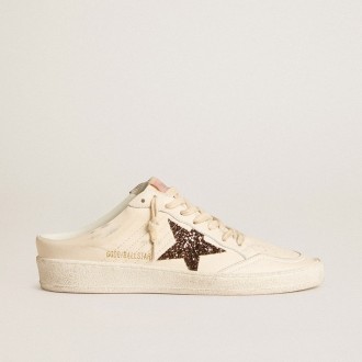 Golden Goose Ball Star Sabots In Ivory Nappa With Bronze Glitter Star