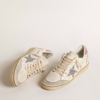 Golden Goose Ball Star With Glitter Star And Pink Suede Heel Tab Golden Goose Ball Star With Glitter Star And Pink Suede Heel Tab