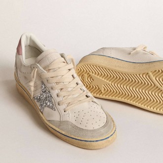 Golden Goose Ball Star With Glitter Star And Pink Suede Heel Tab Golden Goose Ball Star With Glitter Star And Pink Suede Heel Tab