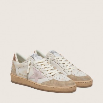 Golden Goose Ball Star With Pink Suede Star And Silver Glitter Edges And Rose Gold Heel Tab Golden Goose Ball Star With Pink Suede Star And Silver Glitter Edges And Rose Gold Heel Tab