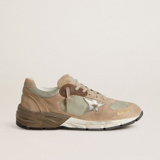 Golden Goose Dad-Star In Beige Mesh And Suede With Silver Leather Star