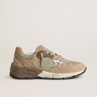 Golden Goose Dad-Star In Beige Mesh And Suede With Silver Leather Star