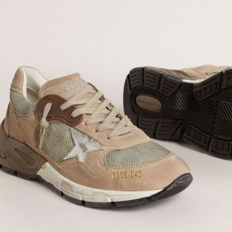 Golden Goose Dad-Star In Beige Mesh And Suede With Silver Leather Star Golden Goose Dad-Star In Beige Mesh And Suede With Silver Leather Star