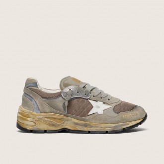 Golden Goose Dad-Star In Dove-Gray Suede And Silver Mesh With White Leather Star And Suede Heel Tab