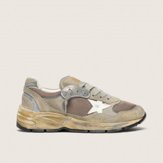 Golden Goose Dad-Star In Dove-Gray Suede And Silver Mesh With White Leather Star And Suede Heel Tab