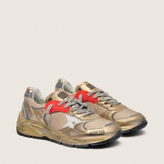 Golden Goose Dad-Star In Gold Laminated Leather And Mesh With White Leather Star And Gold Leather Heel Tab Golden Goose Dad-Star In Gold Laminated Leather And Mesh With White Leather Star And Gold Leather Heel Tab