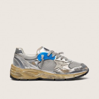 Golden Goose Dad-Star In Silver Laminated Leather And Mesh With White Leather Star And Silver Heel Tab