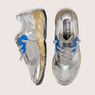 Golden Goose Dad-Star In Silver Laminated Leather And Mesh With White Leather Star And Silver Heel Tab Golden Goose Dad-Star In Silver Laminated Leather And Mesh With White Leather Star And Silver Heel Tab