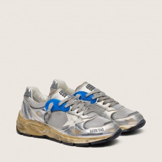 Golden Goose Dad-Star In Silver Laminated Leather And Mesh With White Leather Star And Silver Heel Tab