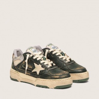 Golden Goose Forty2 In Green Leather And Cream Nylon With Tpu Star And Silver Leather Heel Tab Golden Goose Forty2 In Green Leather And Cream Nylon With Tpu Star And Silver Leather Heel Tab