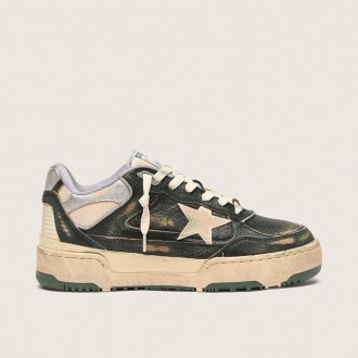 Golden Goose Forty2 In Green Leather And Cream Nylon With Tpu Star And Silver Leather Heel Tab