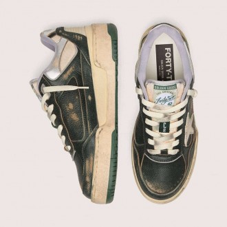 Golden Goose Forty2 In Green Leather And Cream Nylon With Tpu Star And Silver Leather Heel Tab Golden Goose Forty2 In Green Leather And Cream Nylon With Tpu Star And Silver Leather Heel Tab