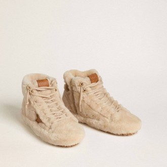 Golden Goose Francy In Beige Shearling With Brown Leather Star