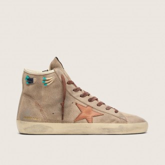 Golden Goose Francy In Beige Suede With Brown Leather Star And Colored Beads
