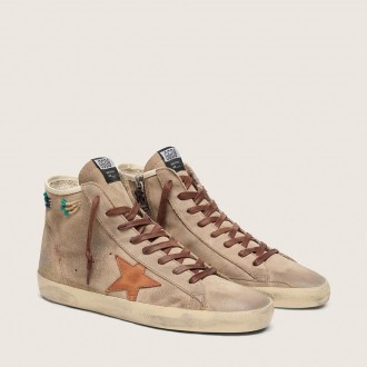 Golden Goose Francy In Beige Suede With Brown Leather Star And Colored Beads