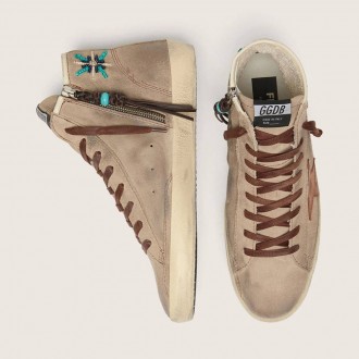 Golden Goose Francy In Beige Suede With Brown Leather Star And Colored Beads