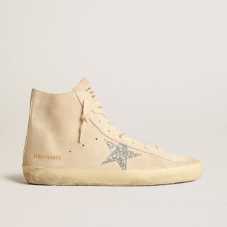 Golden Goose Francy In Beige Suede With Silver Glitter Star