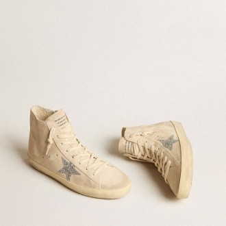 Golden Goose Francy In Beige Suede With Silver Glitter Star