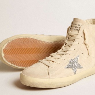 Golden Goose Francy In Beige Suede With Silver Glitter Star