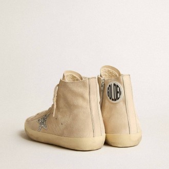Golden Goose Francy In Beige Suede With Silver Glitter Star
