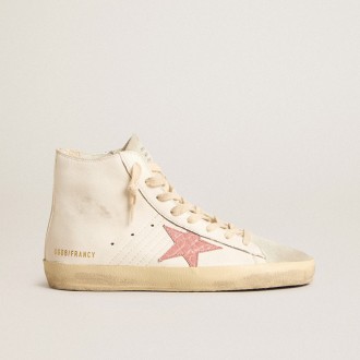 Golden Goose Francy In Cream Nappa With Pink Crocodile-Print Leather Star