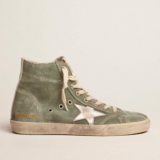 Golden Goose Francy In Green Suede With Silver Metallic Leather Star