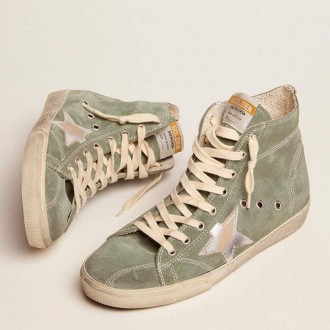 Golden Goose Francy In Green Suede With Silver Metallic Leather Star