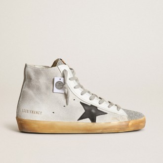Golden Goose Francy In White Suede With Black Leather Star And Silver Swarovski Crystal Tongue