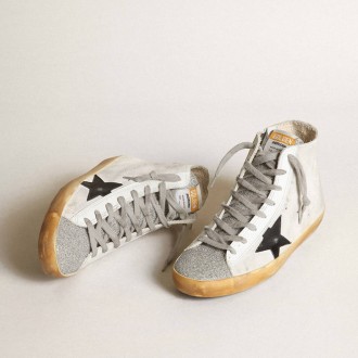 Golden Goose Francy In White Suede With Black Leather Star And Silver Swarovski Crystal Tongue