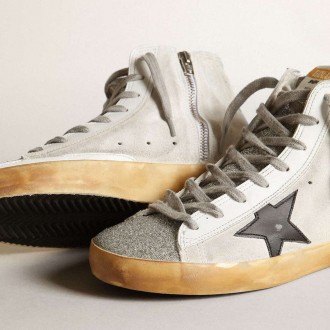 Golden Goose Francy In White Suede With Black Leather Star And Silver Swarovski Crystal Tongue