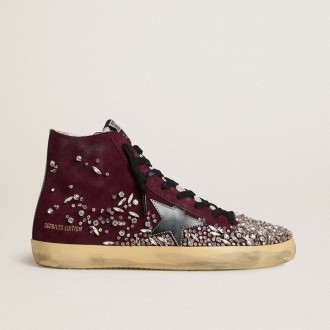 Golden Goose Francy Lab In Burgundy Suede With Glossy Black Leather Star And Rhinestones