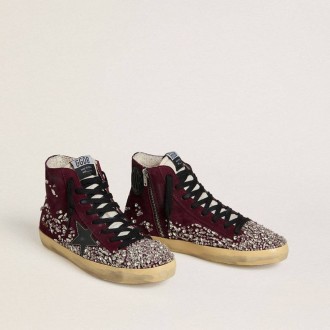Golden Goose Francy Lab In Burgundy Suede With Glossy Black Leather Star And Rhinestones