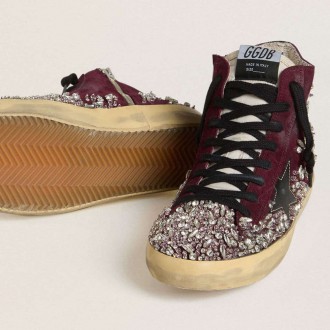 Golden Goose Francy Lab In Burgundy Suede With Glossy Black Leather Star And Rhinestones