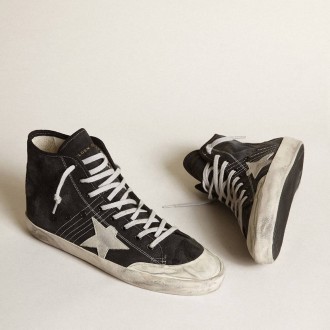 Golden Goose Francy Penstar In Black Canvas With White Suede Star And Black Suede Heel Tab