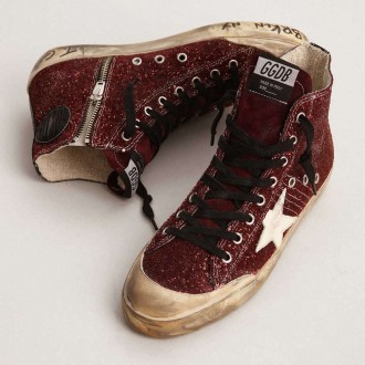 Golden Goose Francy Penstar In Burgundy Glitter With White Leather Star