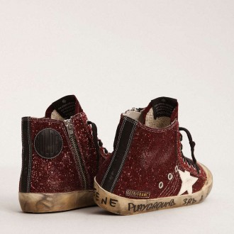 Golden Goose Francy Penstar In Burgundy Glitter With White Leather Star