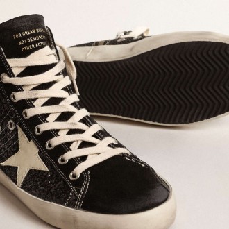 Golden Goose Francy Penstar In Glitter With Ivory Star And Black Heel Tab Golden Goose Francy Penstar In Glitter With Ivory Star And Black Heel Tab
