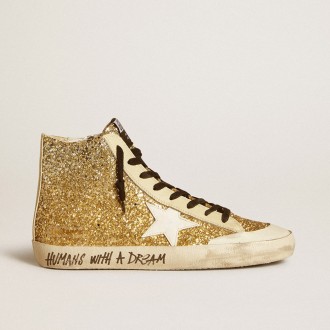 Golden Goose Francy Penstar In Gold Glitter With White Leather Star