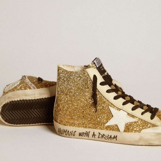 Golden Goose Francy Penstar In Gold Glitter With White Leather Star Golden Goose Francy Penstar In Gold Glitter With White Leather Star