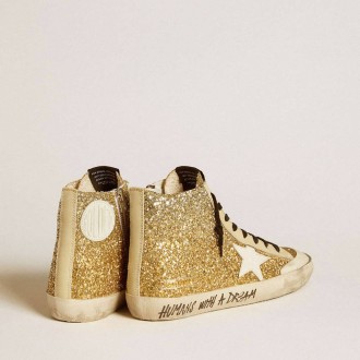 Golden Goose Francy Penstar In Gold Glitter With White Leather Star Golden Goose Francy Penstar In Gold Glitter With White Leather Star