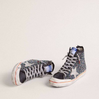 Golden Goose Francy Penstar Lab In Black Canvas With Multicolor Rhinestones
